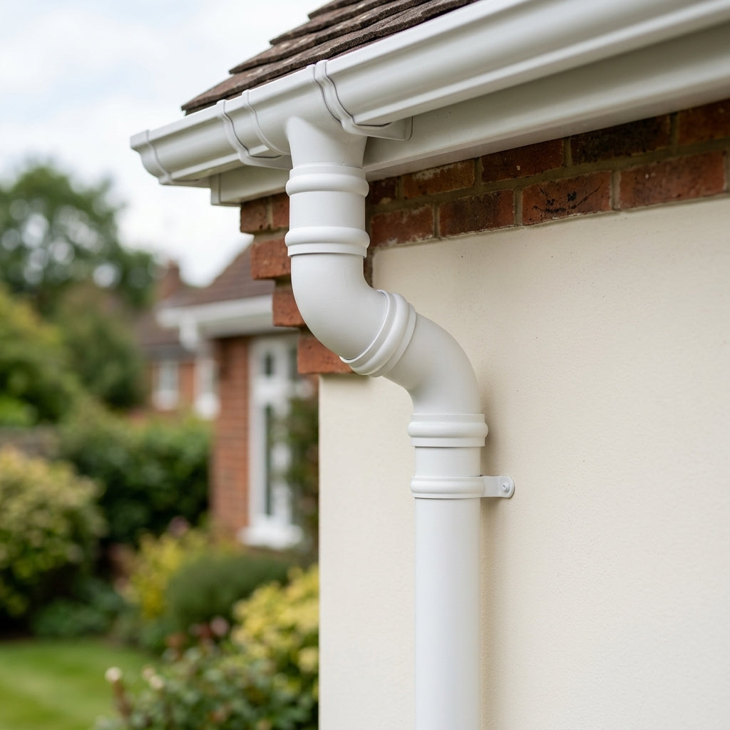 Traditional Aluminium Downpipe Bends 63mm Dia 92.5° 112.5° — RAL 9010 / 92.5 Degrees (in use)
