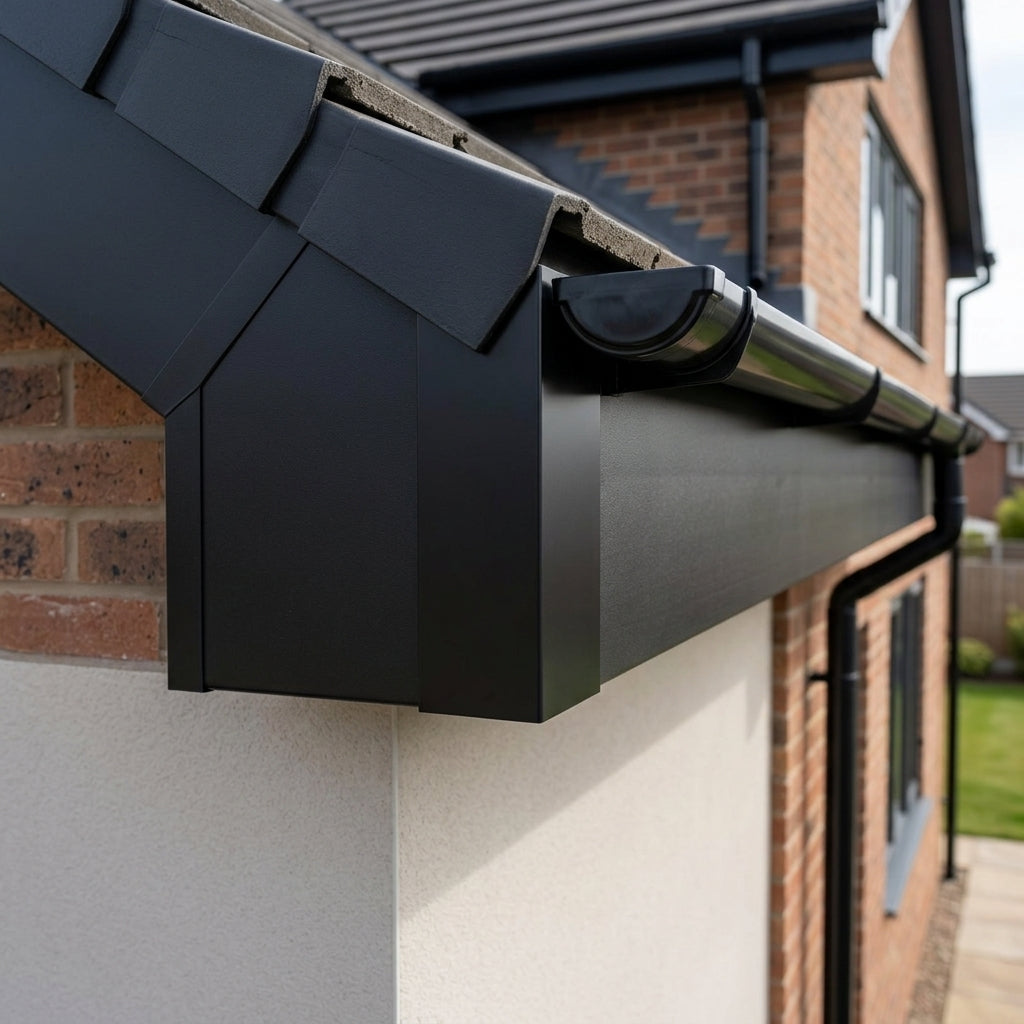 U Return Aluminium Fascia Angle Covers for Mitred Corners — RAL 9005 / 90 Deg External Angle (in use)