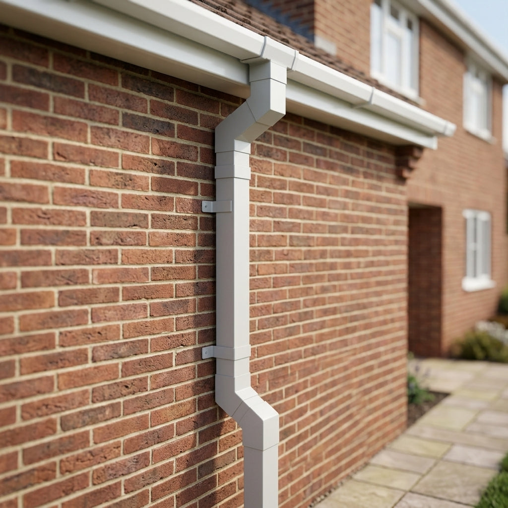 Flush Joint Adjustable Swanneck 72x72mm Aluminium Downpipe — RAL 7035 (in use)
