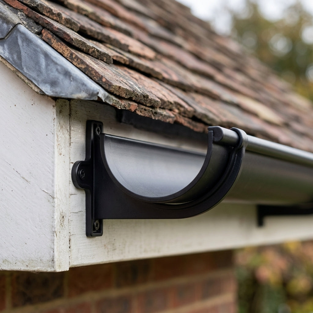 130mm Aluminium Gutter Fascia Bracket – Marine Grade Cast — RAL 9005 (in use)