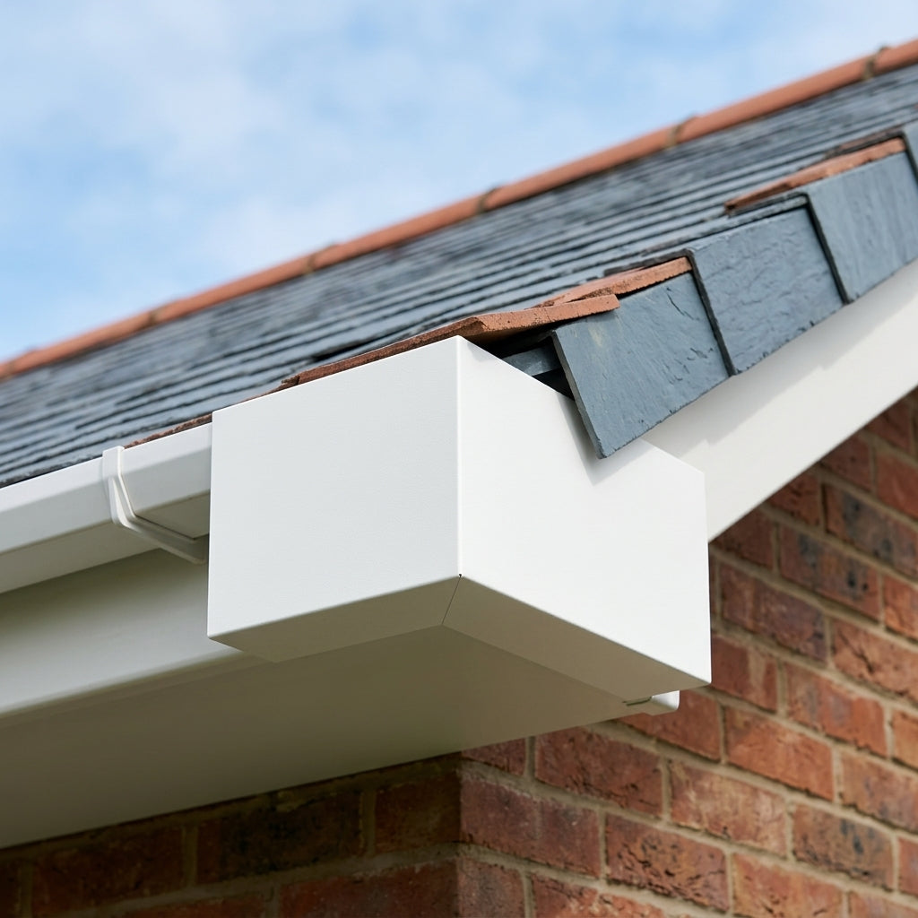 U Return Aluminium Fascia Angle Covers for Mitred Corners — RAL 9016 / 90 Deg Internal Angle (in use)