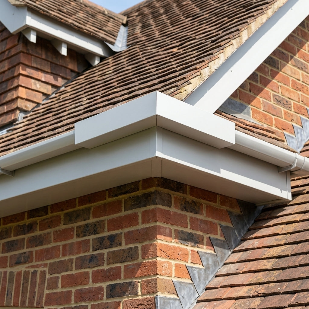 U Return Aluminium Fascia Angle Covers for Mitred Corners — RAL 9006 / 90 Deg External Angle (in use)