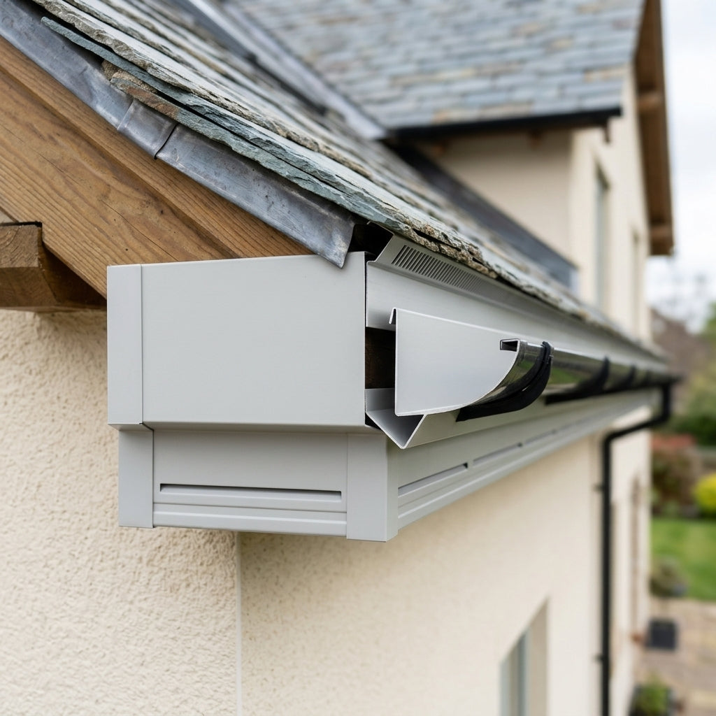 V Return Aluminium Fascia Board 30mm 45° 3m — RAL 7035 (in use)