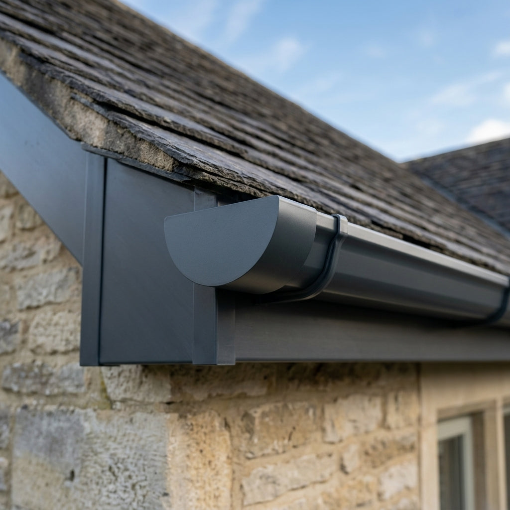 130mm Deepflow Aluminium Gutter Stop End — RAL 7016 (in use)
