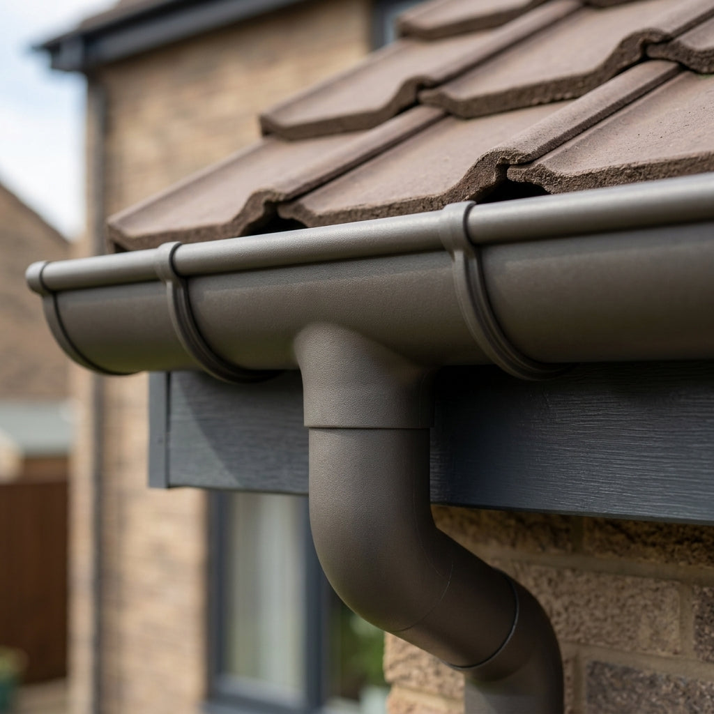 Half Round Aluminium Gutter Outlet 63mm Dia. 125mm — RAL 7022 (in use)