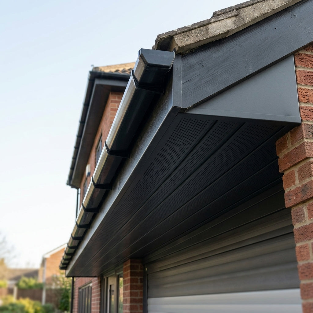 Aluminium Soffit Boards – Plain or Vented with Exterior Coating — RAL 7021 / 490mm Wide | Unvented (in use)