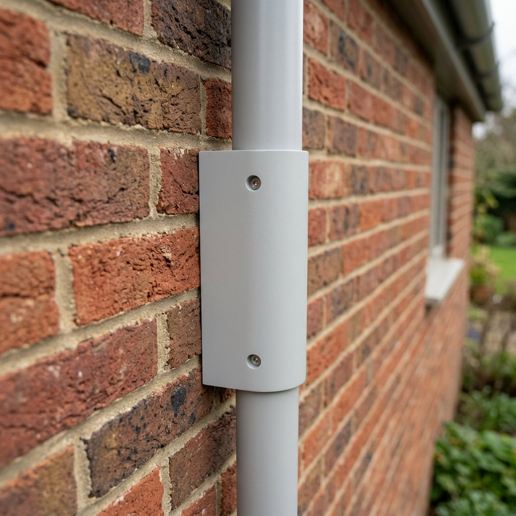76mm Diameter Aluminium Downpipe Access Plate — RAL 7035 (in use)