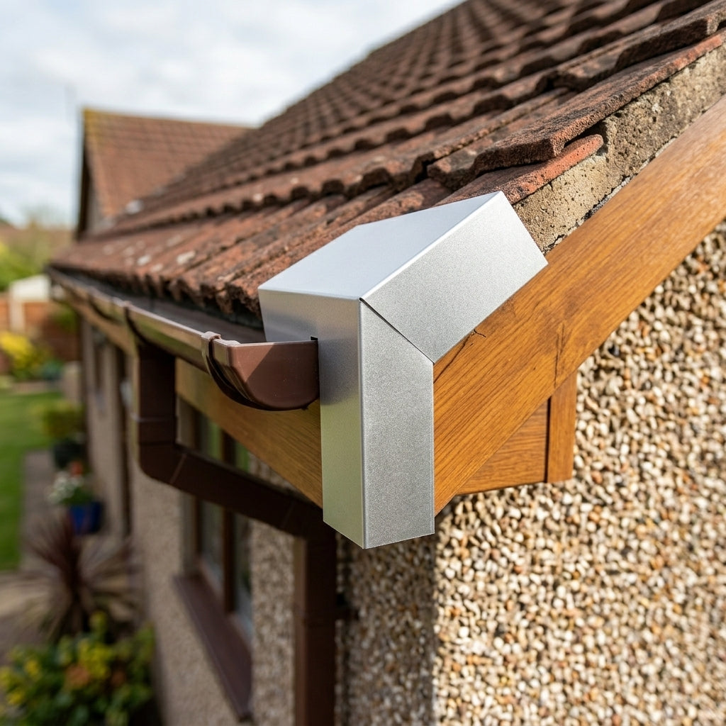 V Return Aluminium Fascia Angle Covers for Mitred Corners — RAL 9006 / 135 Deg Internal Angle (in use)