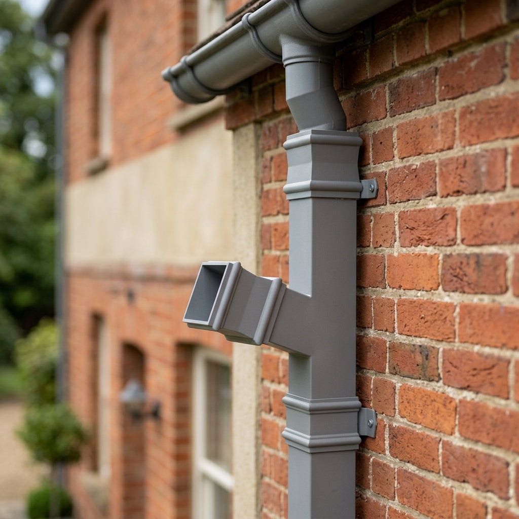 72x72mm Traditional Square Aluminium Downpipe Branches — RAL 7037 / 112.5 Degrees (in use)