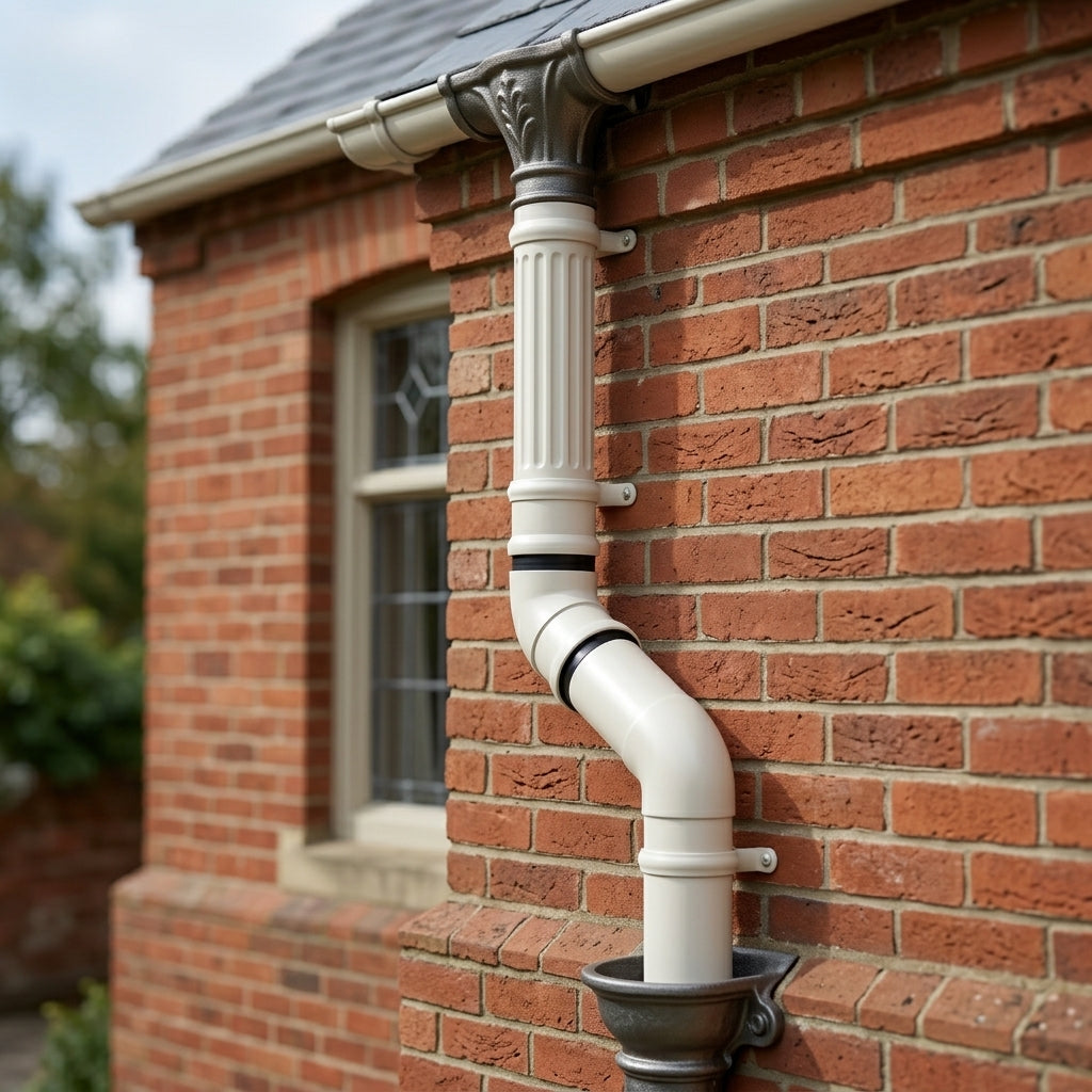 Traditional Adjustable Swanneck 63mm Diameter Aluminium Downpipe — RAL 9010 (in use)