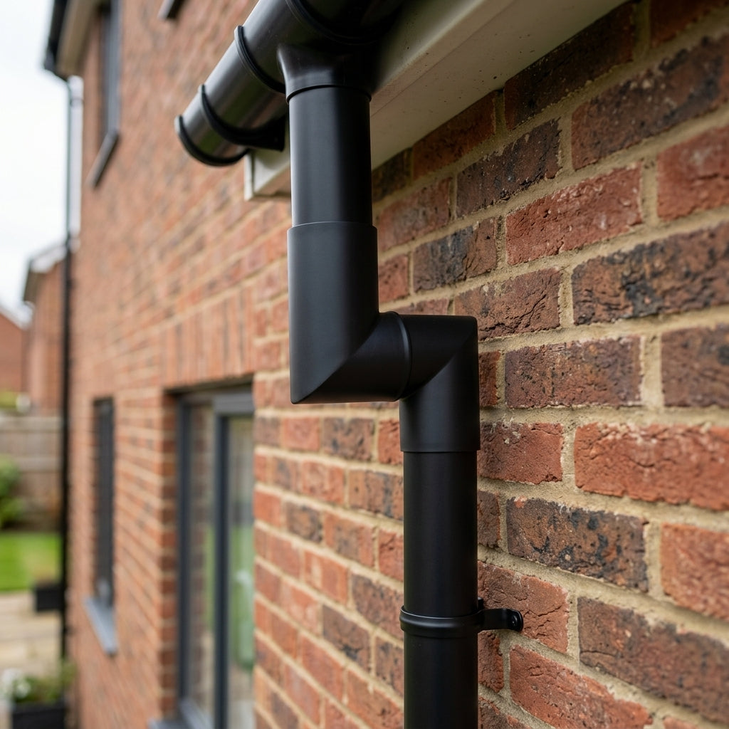 76mm Diameter Flush Joint Aluminium Downpipe Bends — RAL 7016 / 92.5 Deg (in use)