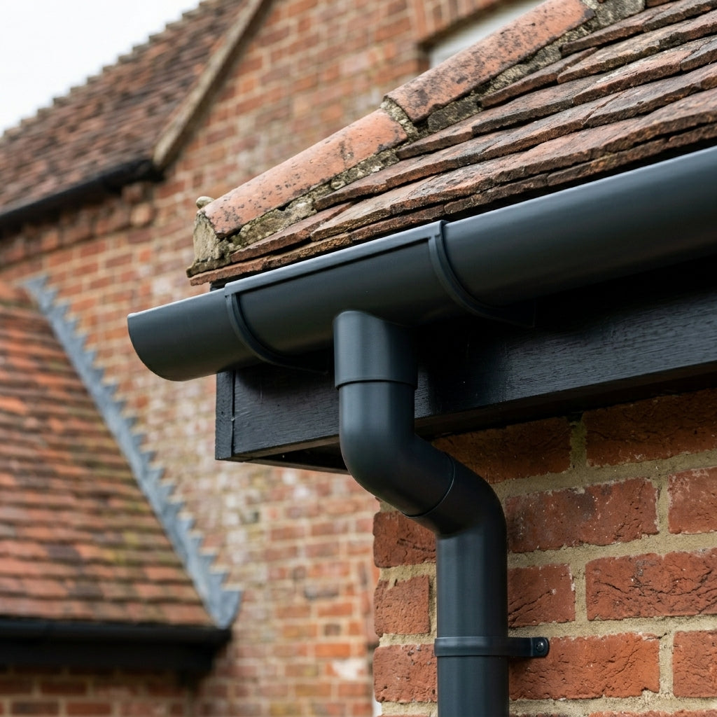 Half Round Aluminium Gutter Outlet 76mm – Marine Grade — RAL 7016 (in use)