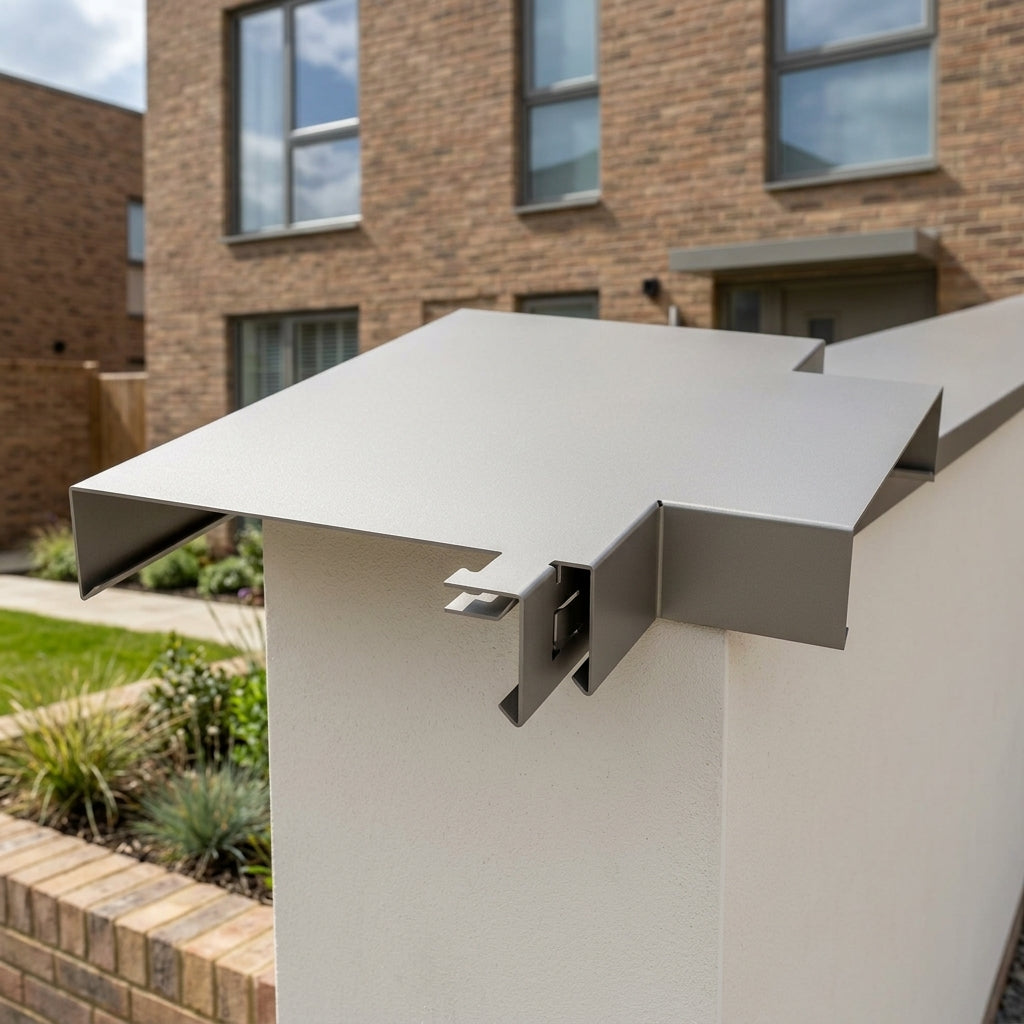 Aluminium Coping T-Junction – Secret Fix Wall Detail — RAL 7036 (in use)