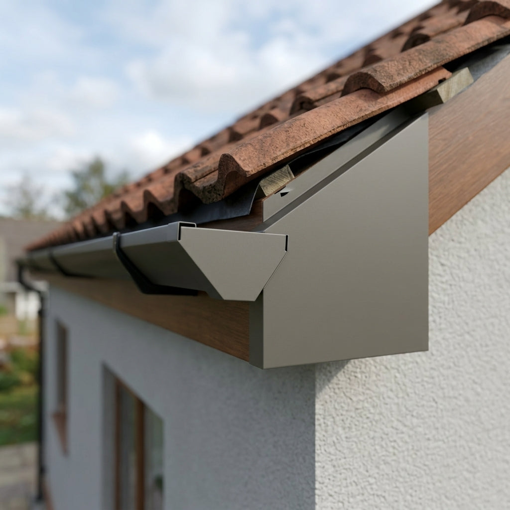 U Return Aluminium Fascia Angle Covers for Mitred Corners — RAL 7022 / 90 Deg Internal Angle (in use)