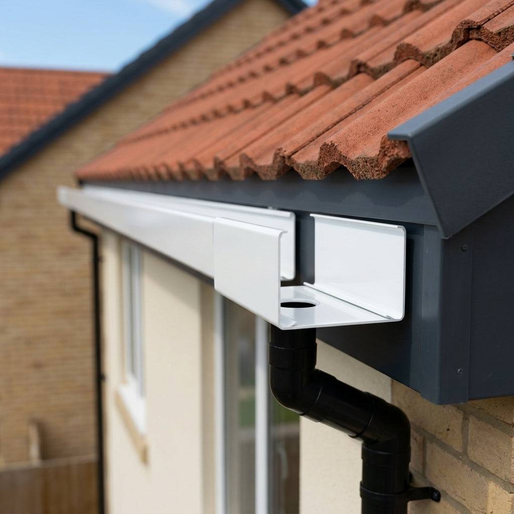 Aluminium Box Gutter Outlet 63mm Diameter 135 x 100mm — RAL 9016 (in use)