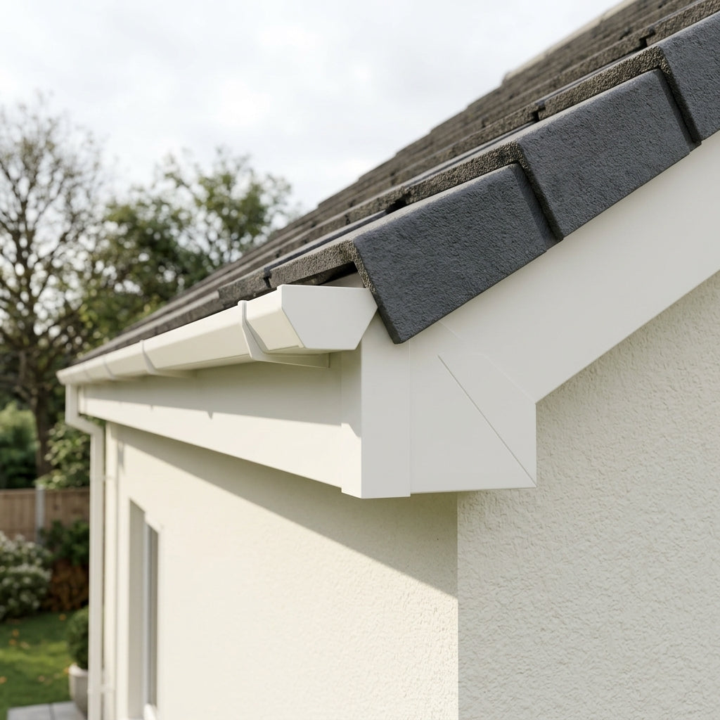 V Return Aluminium Fascia Angle Covers for Mitred Corners — RAL 9010 / 90 Deg Internal Angle (in use)