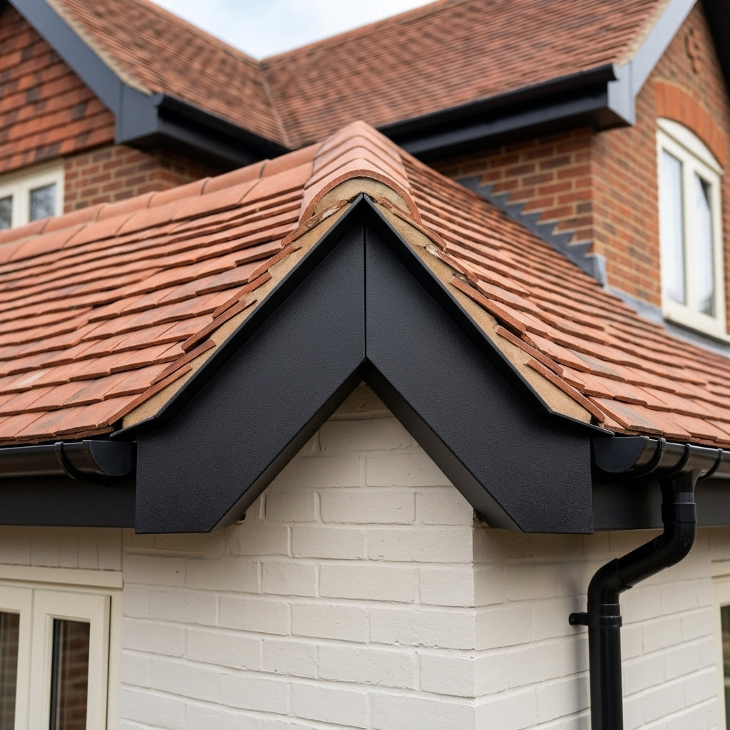 U Return Aluminium Fascia Angle Covers for Mitred Corners — Textured Black / 90 Deg External Angle (in use)