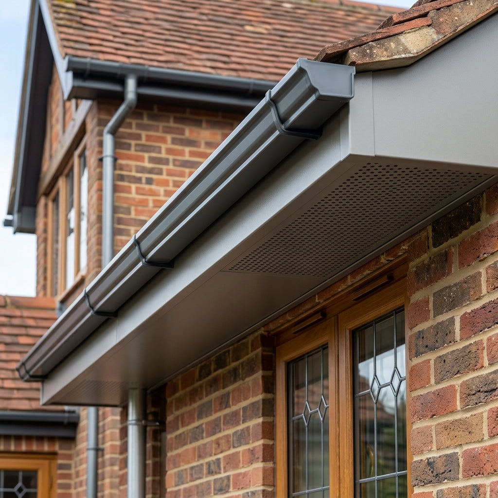 Aluminium Soffit Boards – Plain or Vented with Exterior Coating — RAL 7036 / 365mm Wide | Unvented (in use)