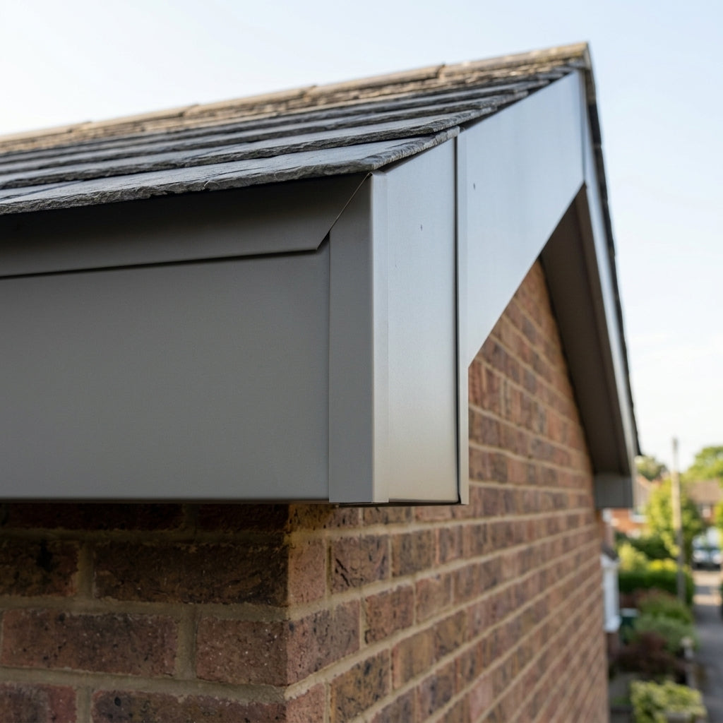 V Return Aluminium Fascia Board Gable Box Ends — RAL 7036 (in use)