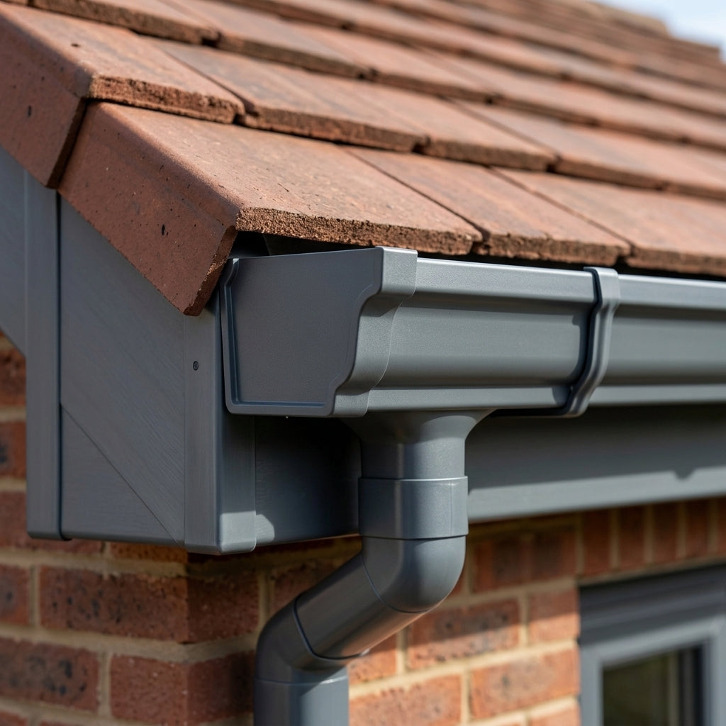 Moulded Ogee Gutter Left Hand Stop End 125 x 100mm — RAL 7016 (in use)