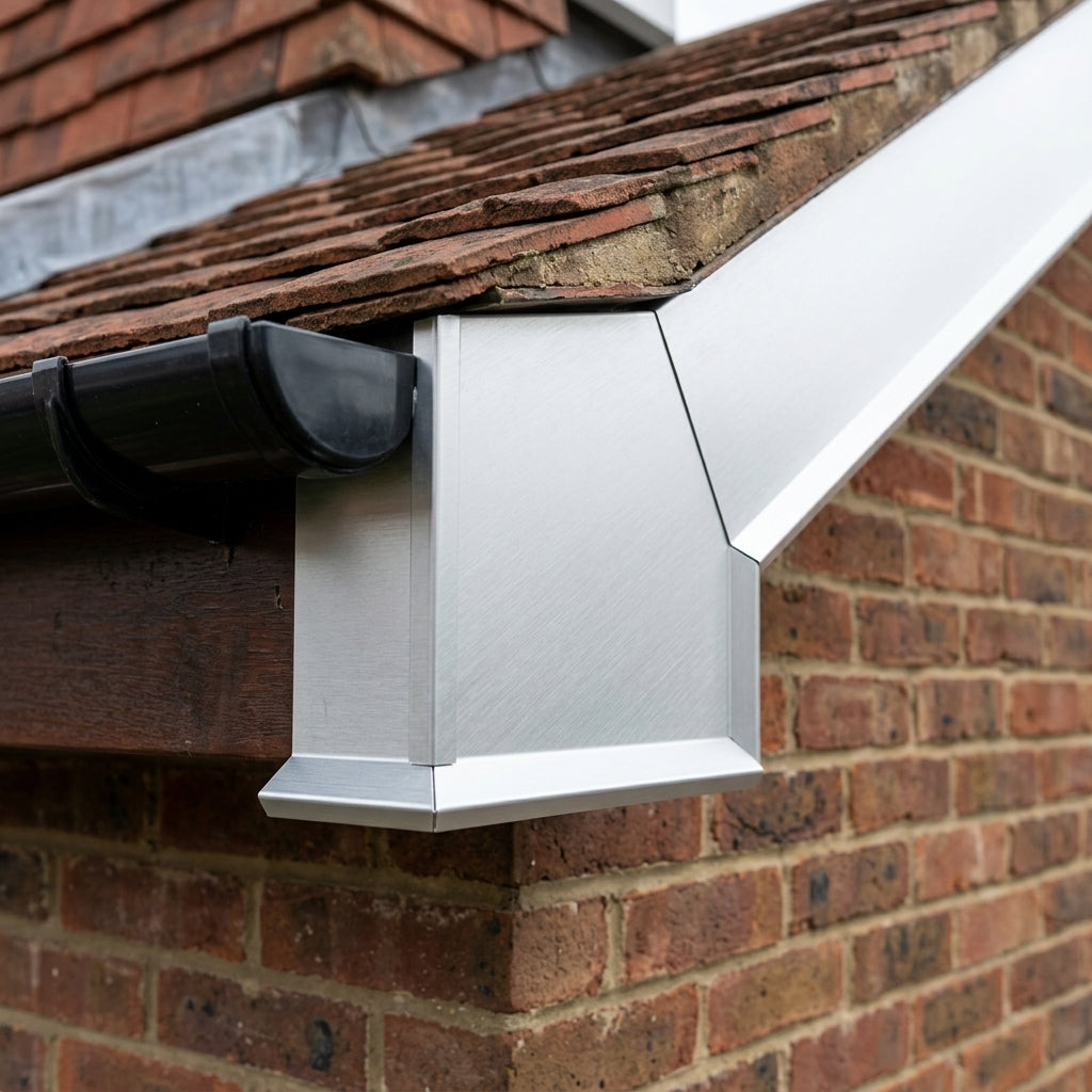 L Return Fascia Board Angle Covers – Aluminium Corner Fascia — RAL 9006 / 90 Deg External Angle (in use)