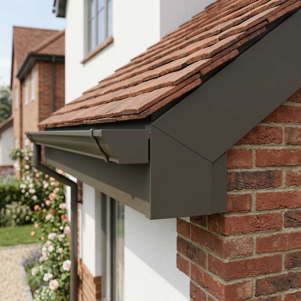U Return Aluminium Fascia Angle Covers for Mitred Corners — RAL 7022 / 135 Deg Internal Angle (in use)