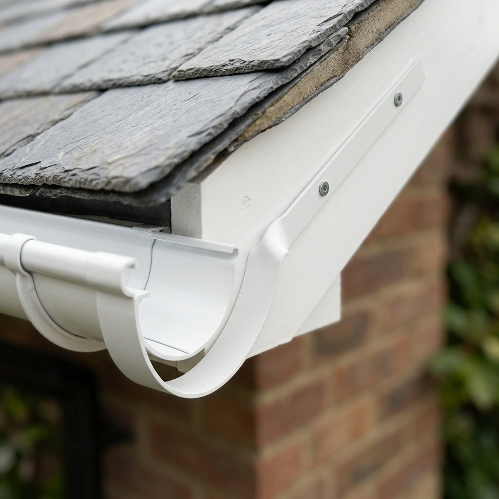 Half Round Aluminium Gutter Side Rafter Bracket 125mm — RAL 9016 (in use)