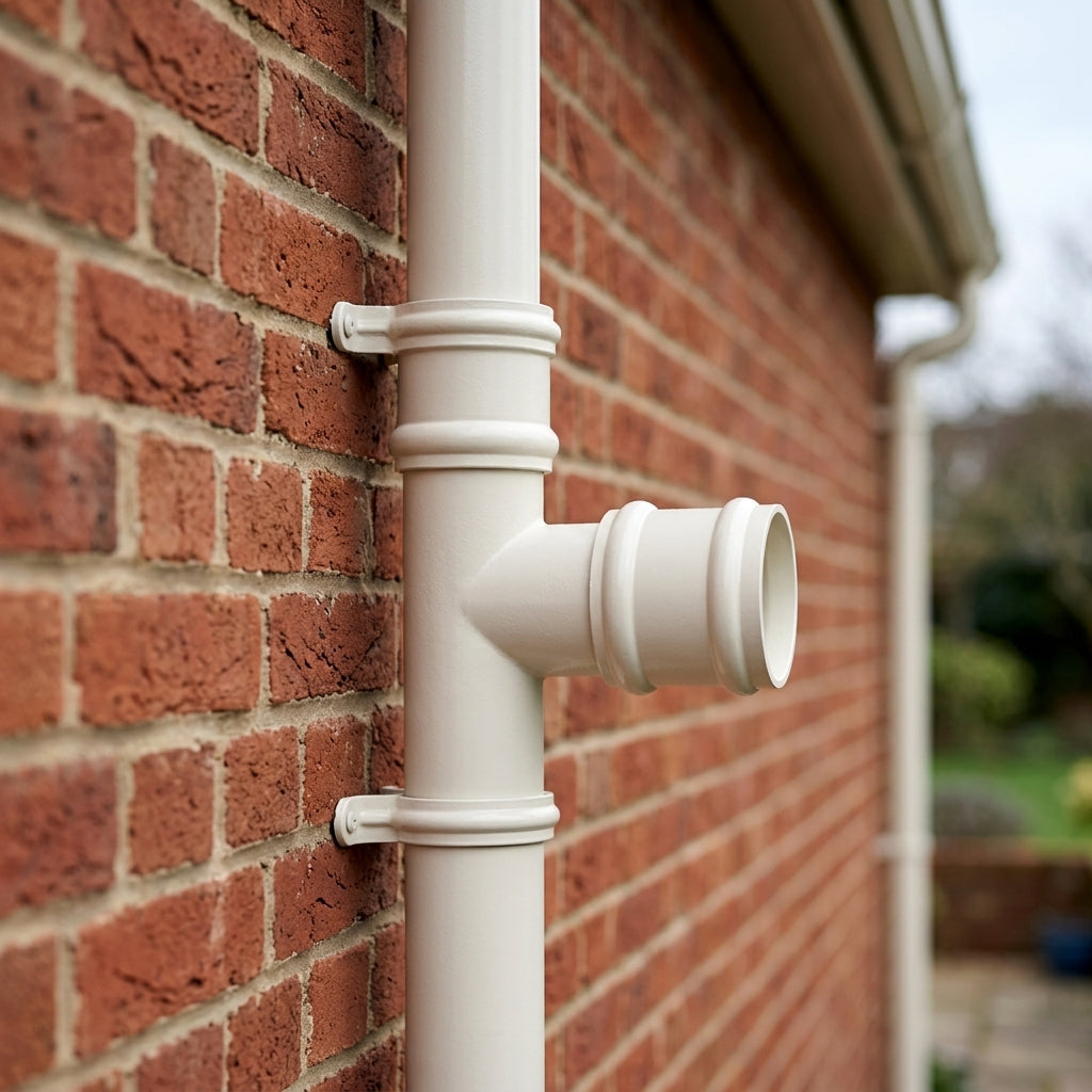 Traditional Aluminium Downpipe Branch 76mm Diameter — RAL 9010 / 112.5 Degrees (in use)