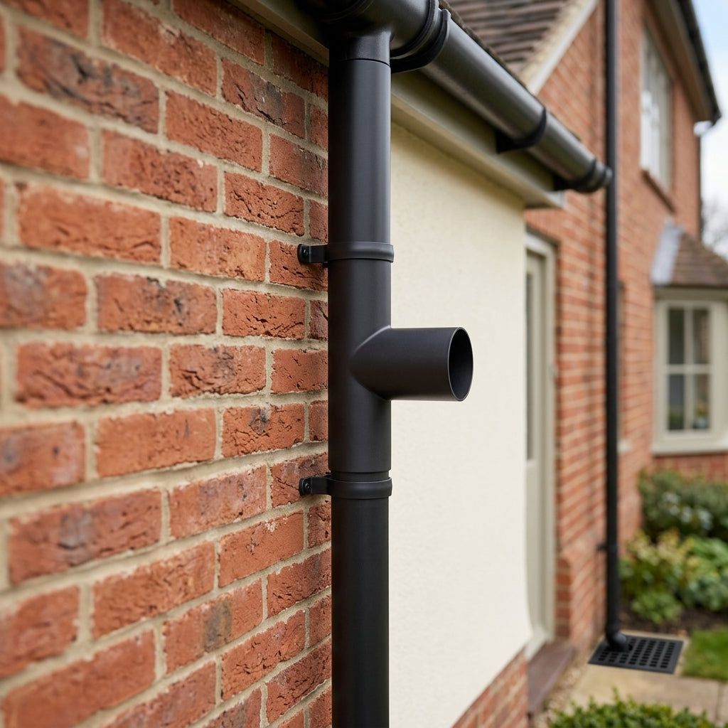 76mm Diameter Flush Joint Downpipe Branches — RAL 7021 / 112.5 Degrees (in use)
