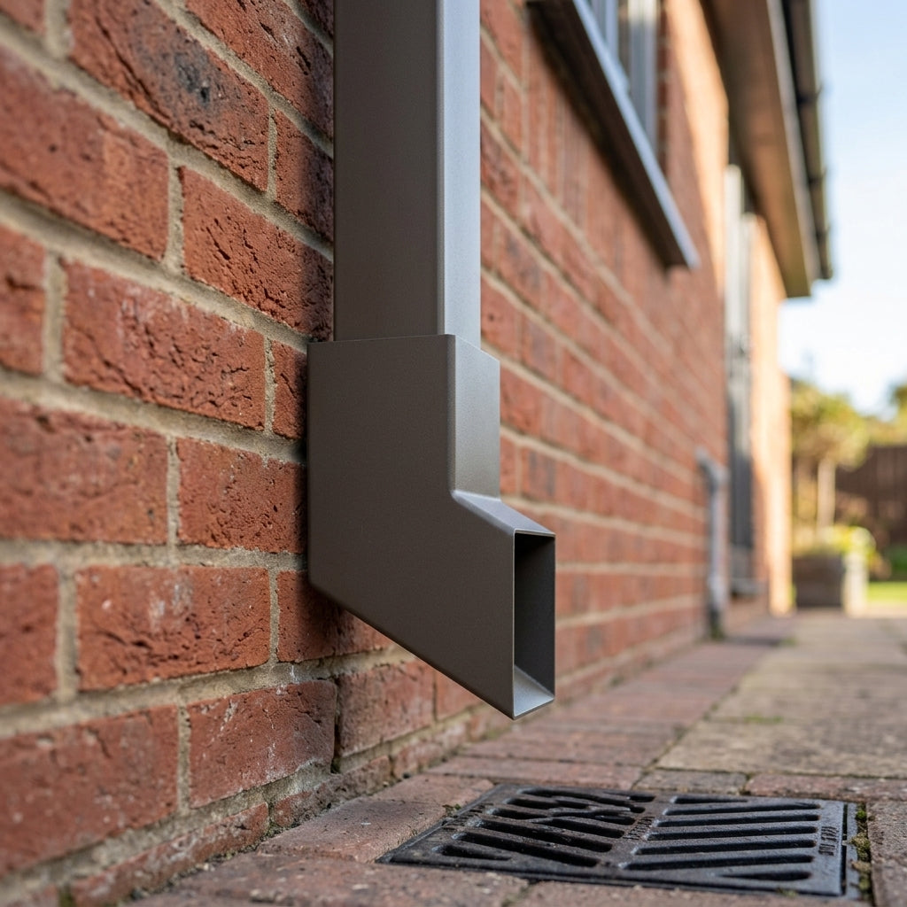 72x72mm Flush Joint Aluminium Downpipe Shoe — RAL 7022 (in use)