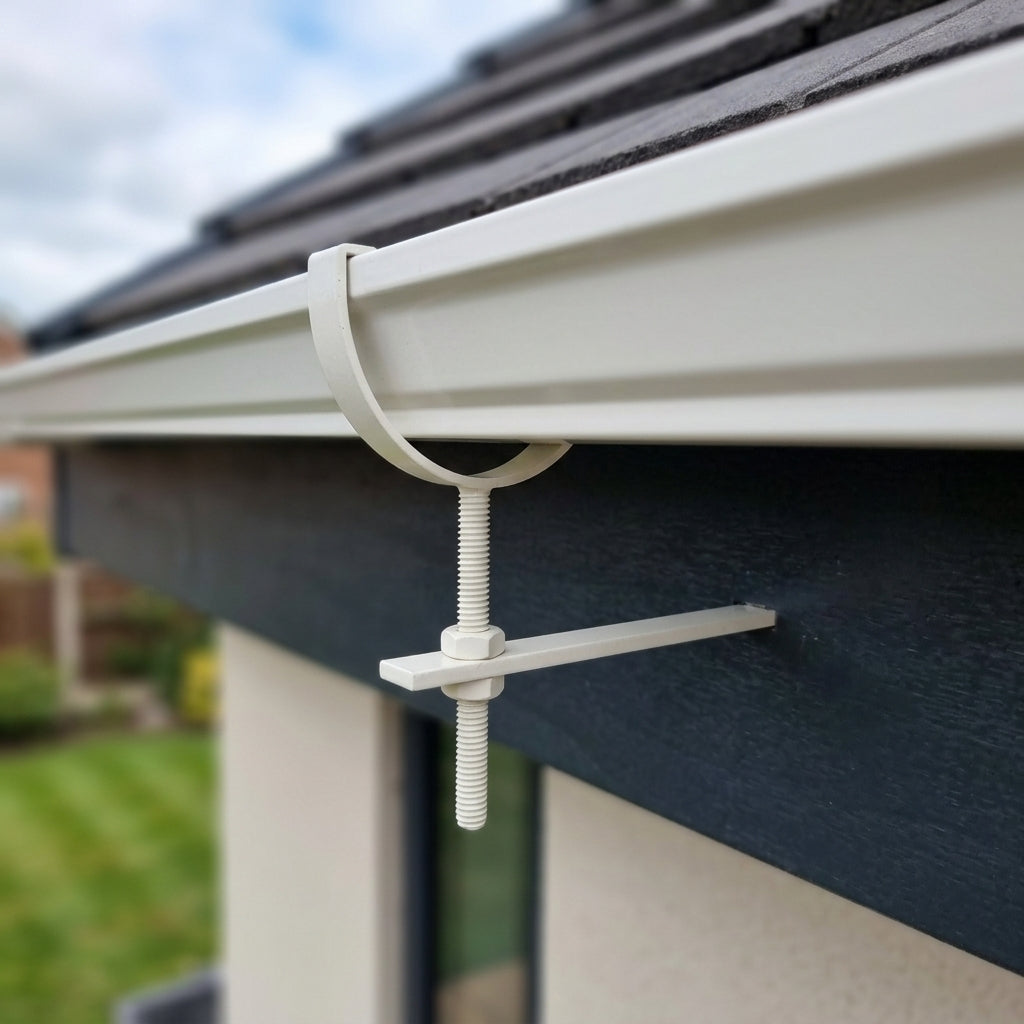 130mm Rise and Fall Gutter Bracket for Deepflow Aluminium System — RAL 9010 (in use)