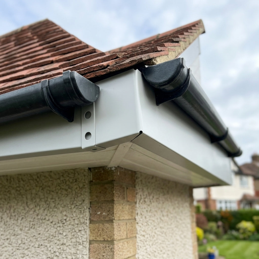 Aluminium Fascia Board Joint Cover V Return — RAL 7035 (in use)