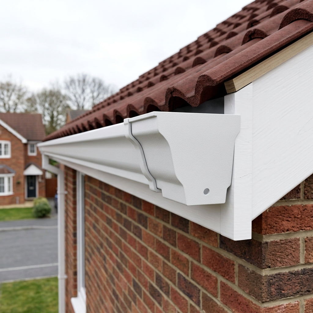 Moulded Ogee Gutter Right Hand Stop End 125 x 100mm — RAL 9016 (in use)