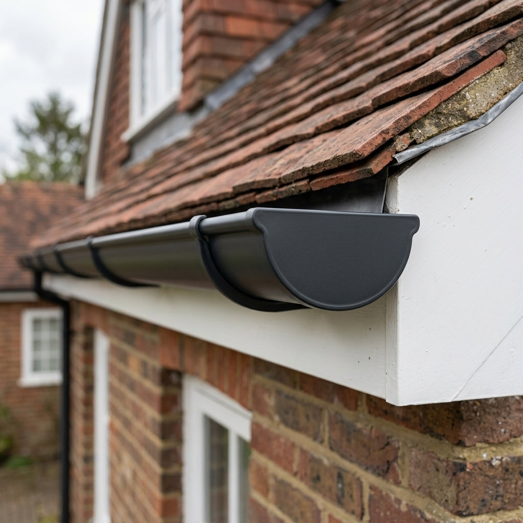 Half Round Aluminium Gutter Stop End - 125mm — RAL 7021 (in use)