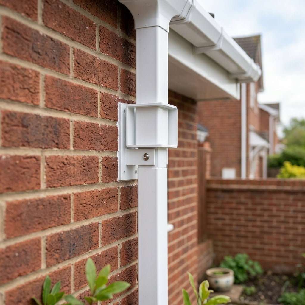 Adjustable Aluminium Pipe Clip 72×72mm – Flush Joint Downpipe — RAL 9016 (in use)