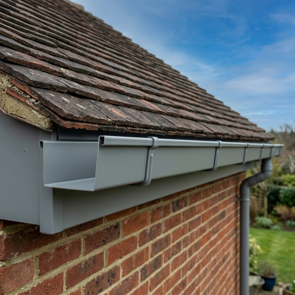 Aluminium Box Gutter Length 135×100mm 3m Marine Grade — RAL 7037 (in use)