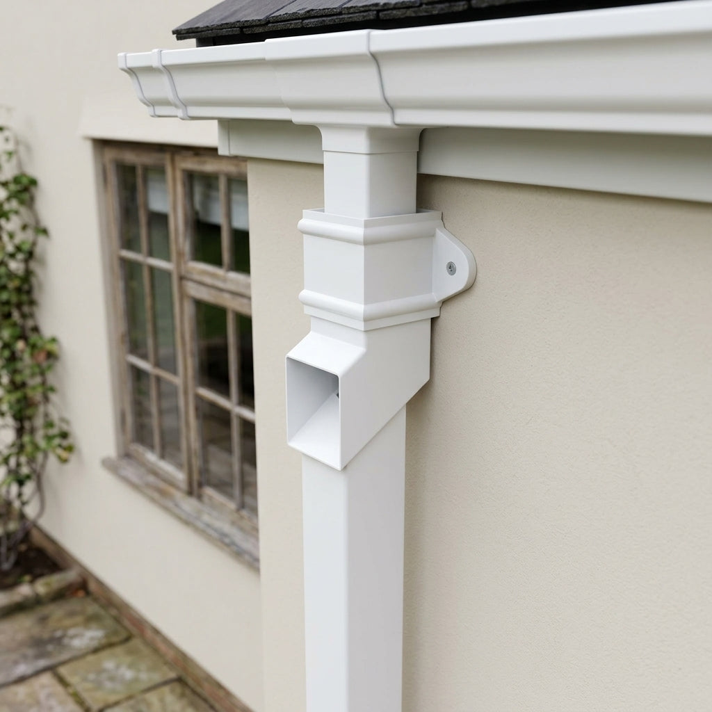 Traditional Aluminium Downpipe Shoe 72x72mm — RAL 9016 (in use)