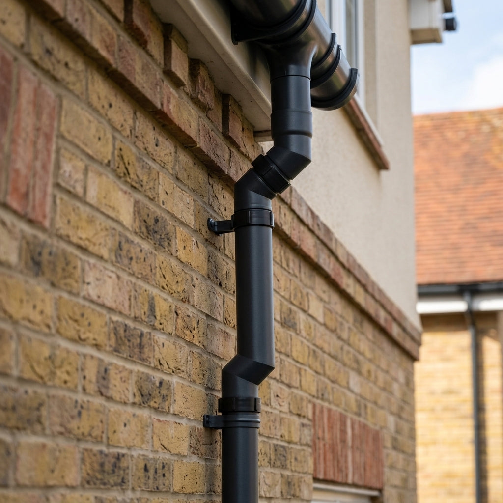 76mm Diameter Flush Joint Adjustable Swanneck Downpipe — RAL 7021 (in use)