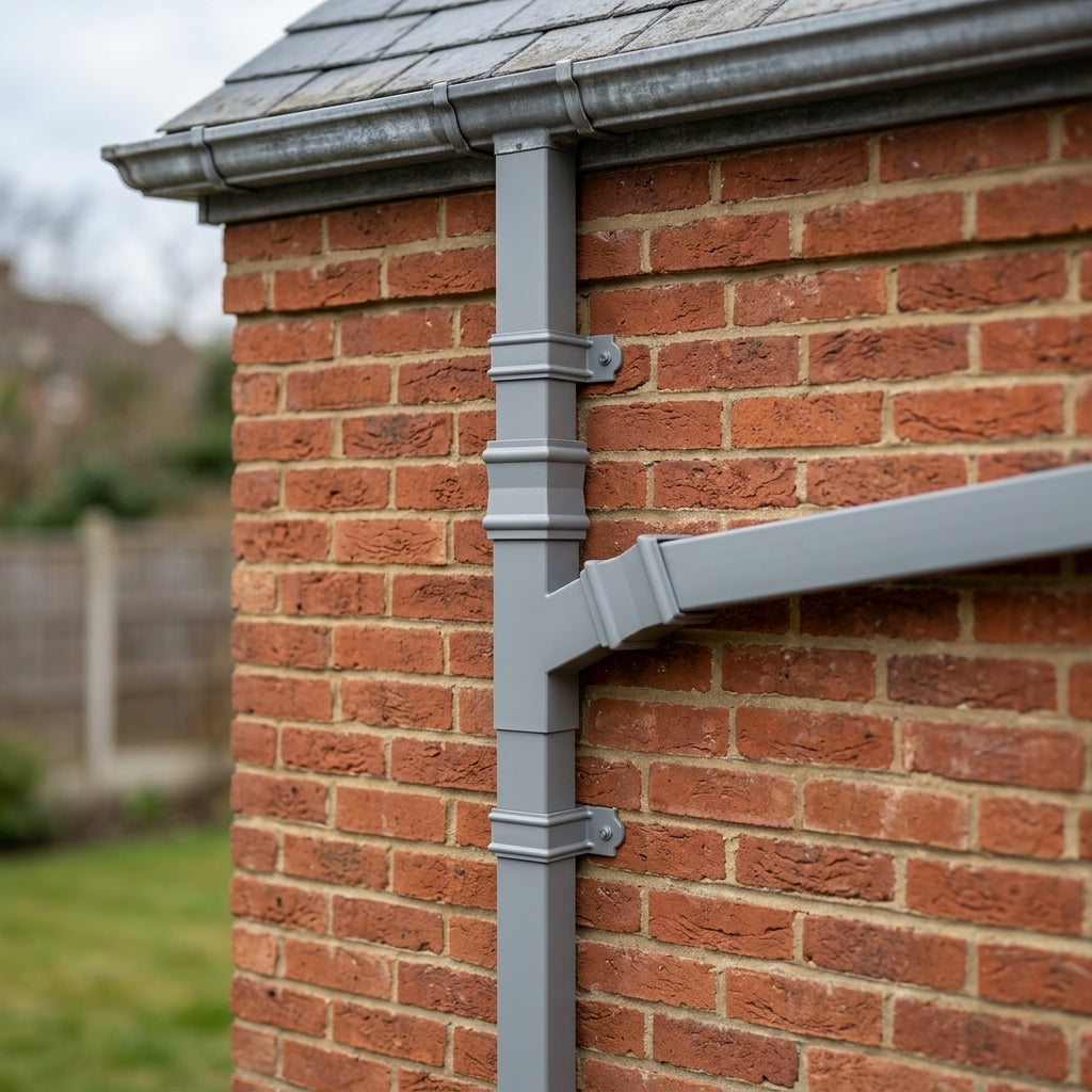 72x72mm Traditional Square Aluminium Downpipe Branches — RAL 7036 / 112.5 Degrees (in use)