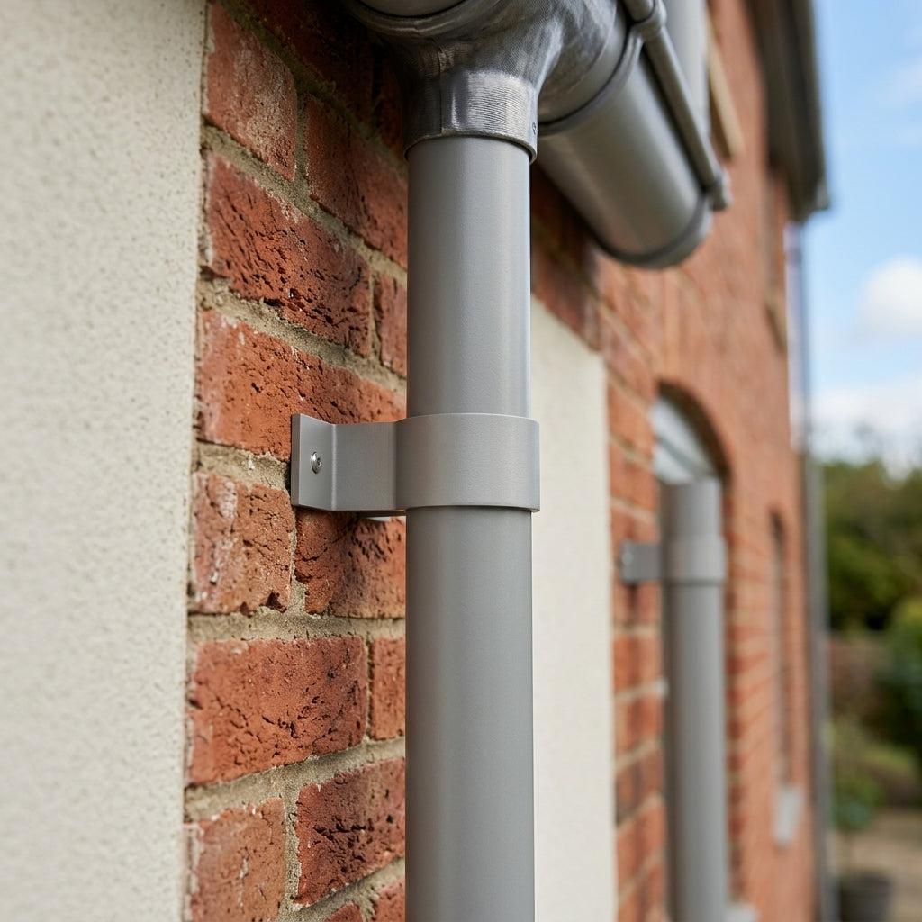 76mm Aluminium Downpipe Clip – Flush Joint — RAL 7036 (in use)