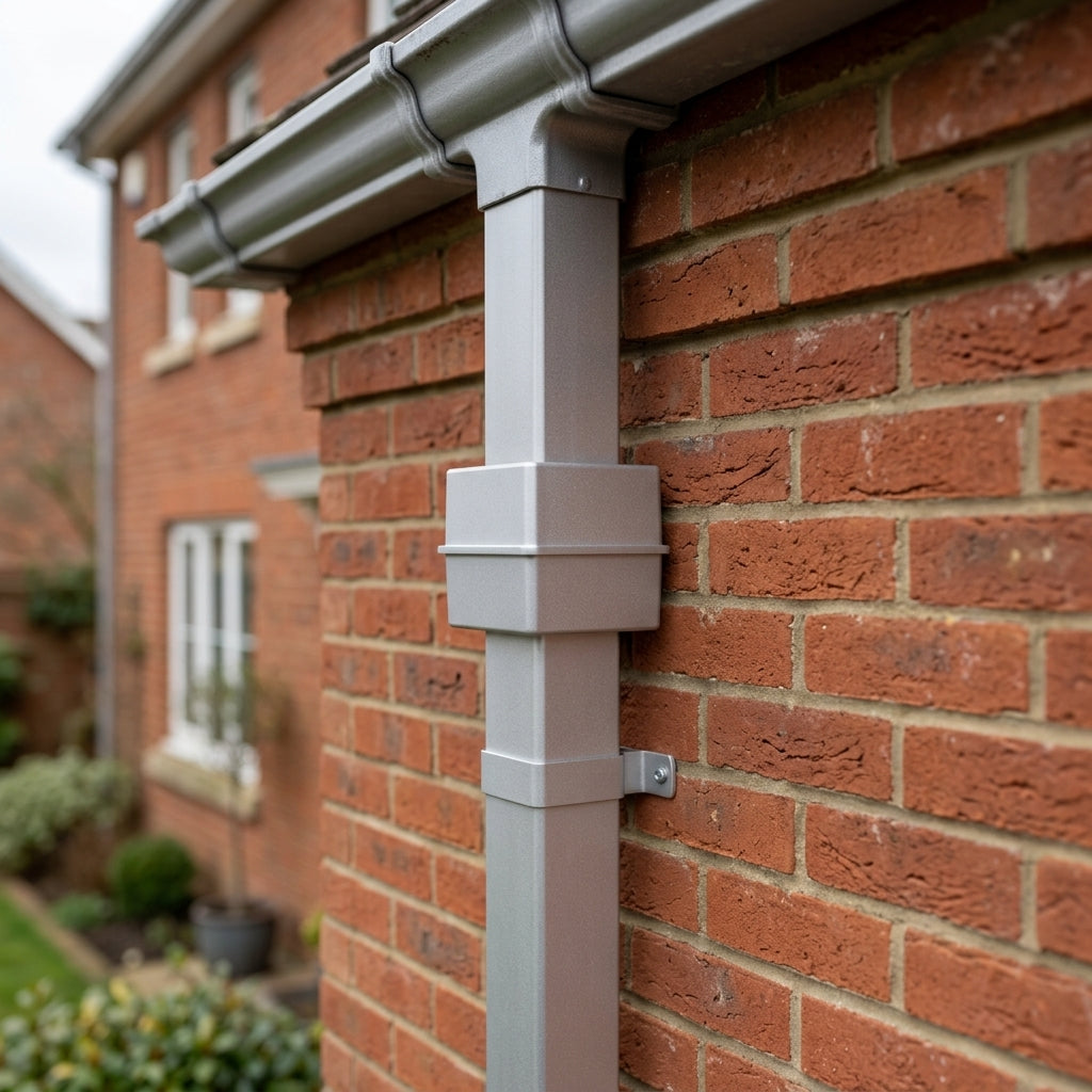 Flush Joint Internal Jointer 72x72mm Aluminium Downpipe — RAL 9006 (in use)