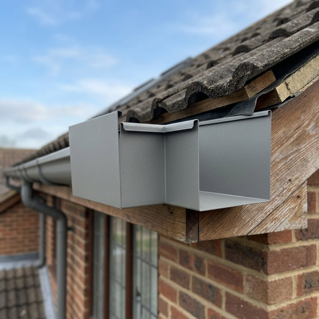 135° Aluminium Box Gutter Angle 135 x 100mm — RAL 7037 (in use)