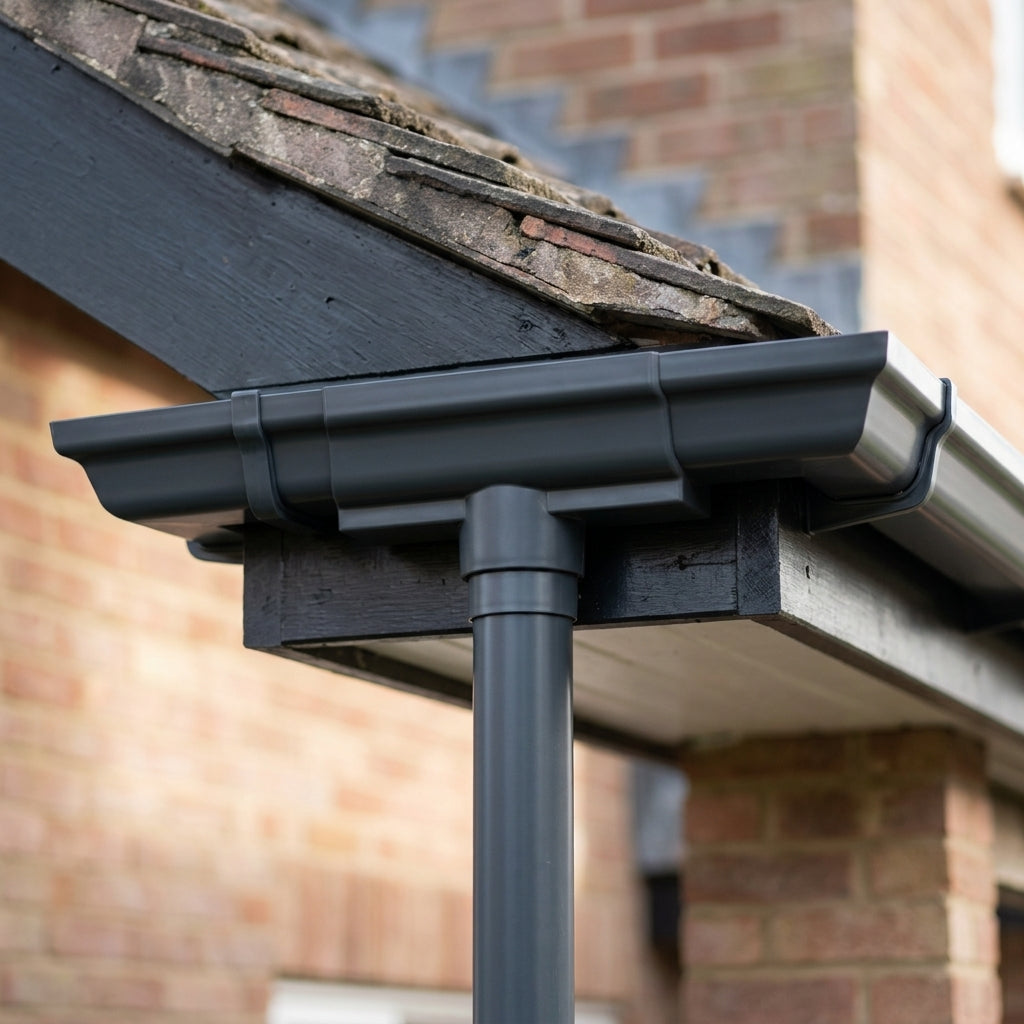 Moulded Ogee Gutter Outlet 63mm Dia, 125 x 100mm — RAL 7021 (in use)