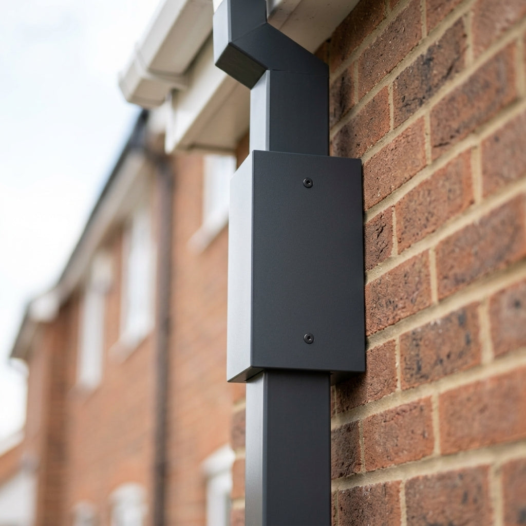 Aluminium Downpipe Access Plate 72x72mm — RAL 7016 (in use)