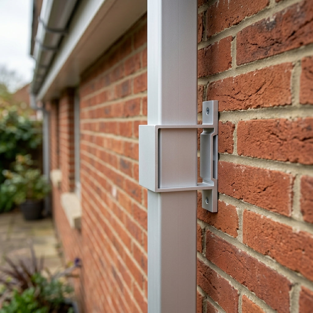 Aluminium Downpipe Clip 72×72mm with 5mm Wall Spacing — RAL 9006 (in use)