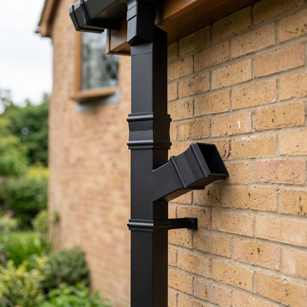 72x72mm Traditional Square Aluminium Downpipe Branches — RAL 9005 / 112.5 Degrees (in use)