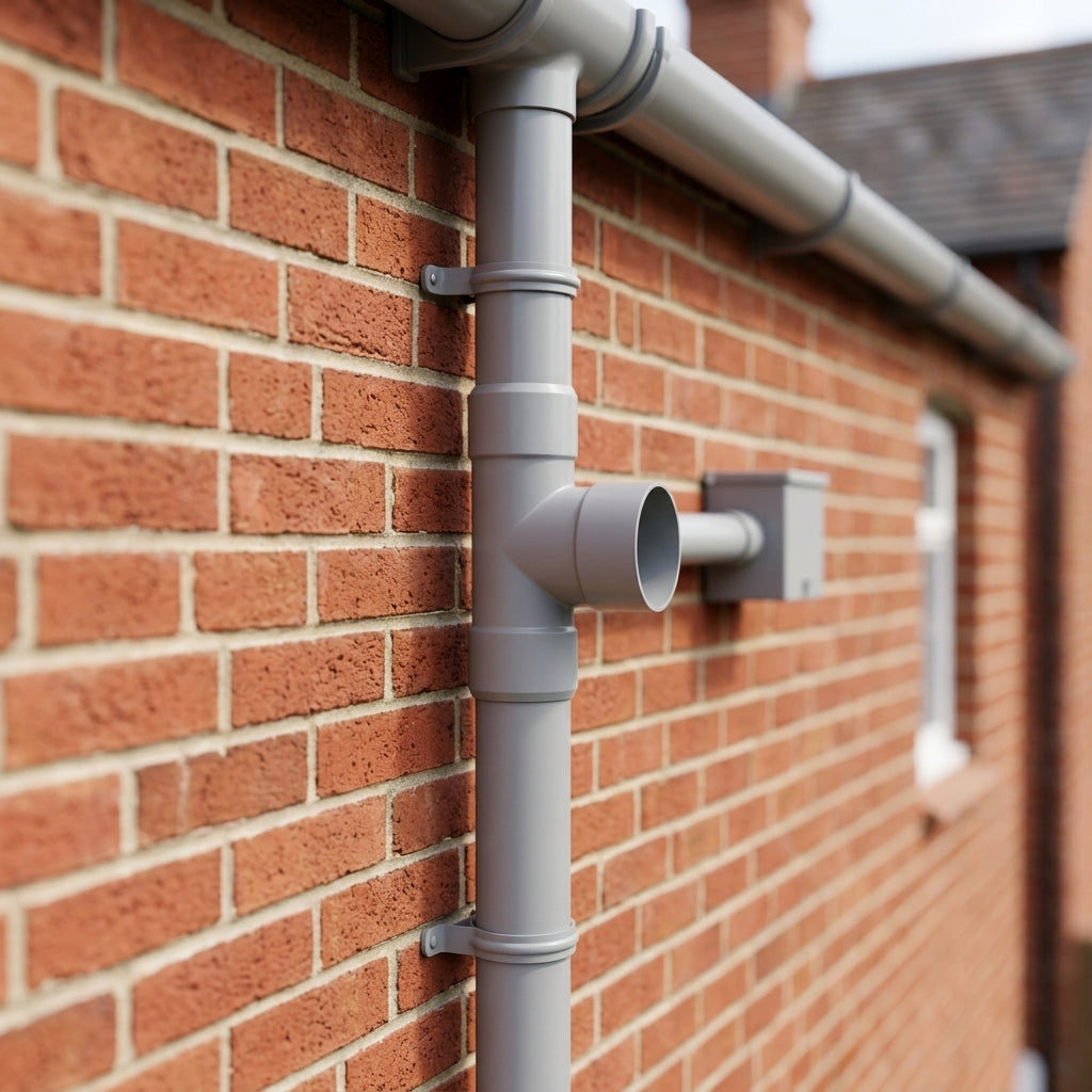 76mm Diameter Flush Joint Downpipe Branches — RAL 7036 / 112.5 Degrees (in use)