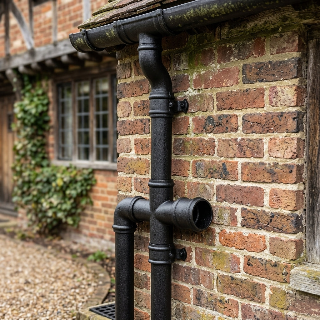 Traditional Aluminium Downpipe Branch 76mm Diameter — Textured Black / 112.5 Degrees (in use)