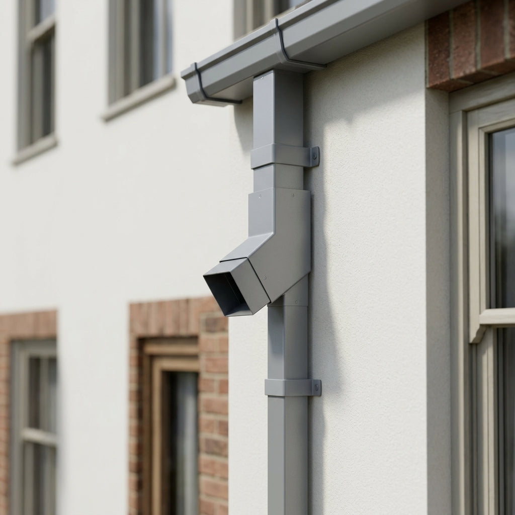 Flush Joint Aluminium Downpipe Bend 72x72mm — RAL 9006 / 92.5 Degrees (in use)