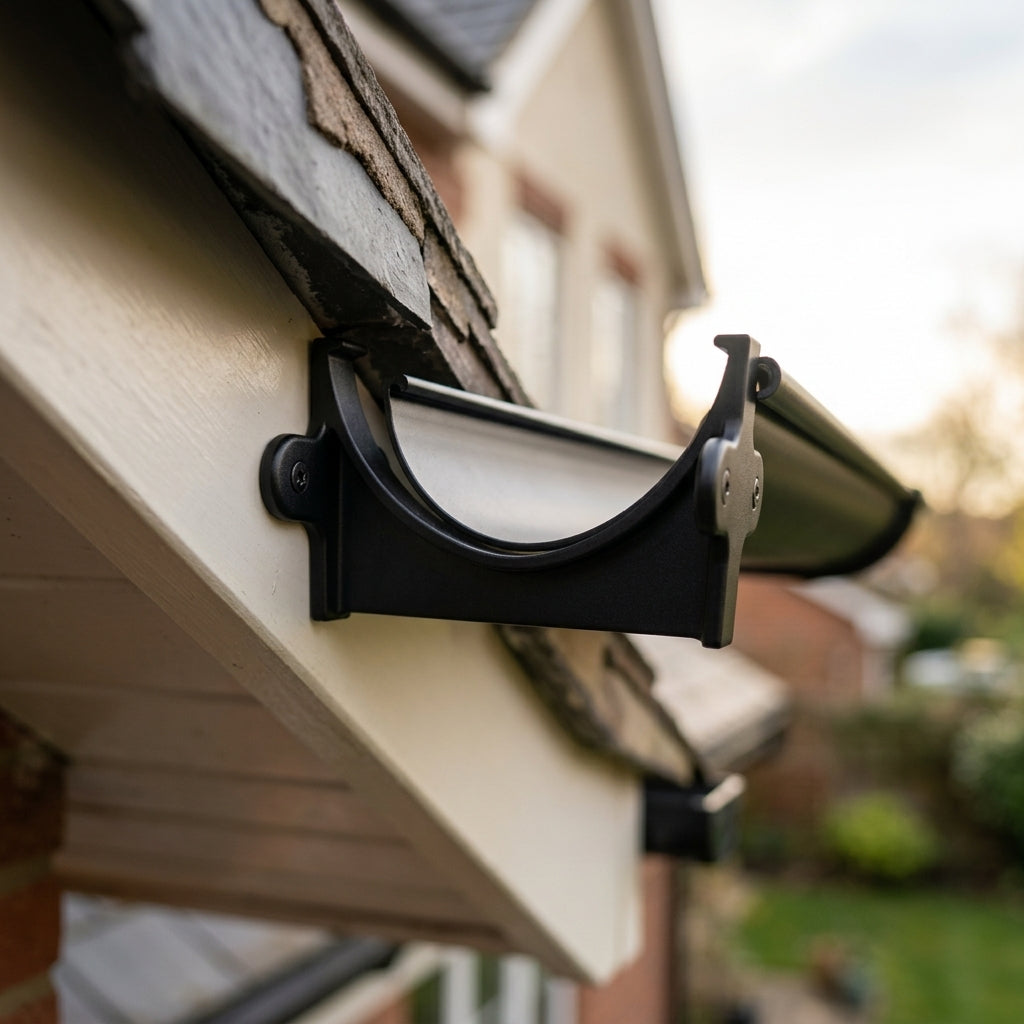 Half Round Aluminium Gutter Fascia Bracket 125mm — RAL 9005 (in use)